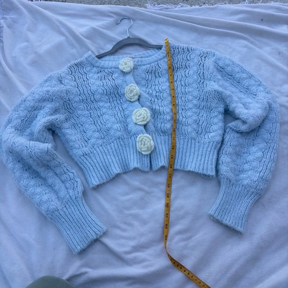 Kimchi Blue Sky Blue Cardigan with Cream Floral Details - Picture 6 of 7